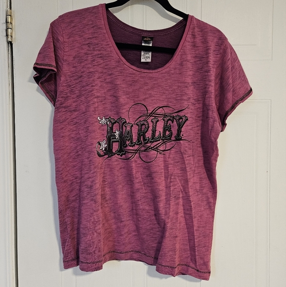 Harley Davidson Womens XL T Shirt Pink Rhinestone Short Sleeve Y2K - Picture 1 of 6